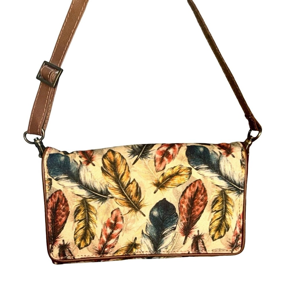 Cott'n Curls Feather Print Crossbody Wallet Boho Brown Canvas